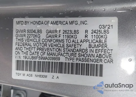 2021 Acura Tlx A-Spec Package из США, поврежденный, VIN 19UUB6F59MA009959